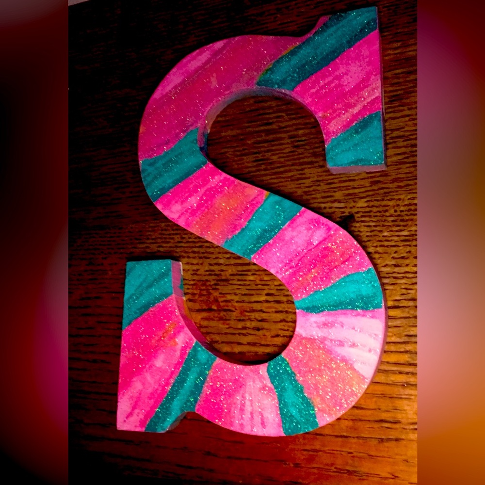Hand Painted Wooden Letter “S” Pink & Blue with Glitter Home Decor